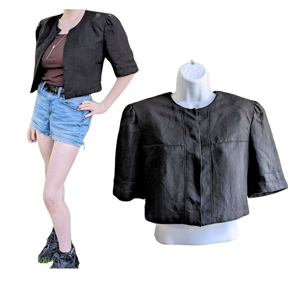 Rare Vtg 80s EMPORIO ARMANI Linen-Blend Black Cropped Jacket Size IT 46/ US 10 - Picture 1 of 12